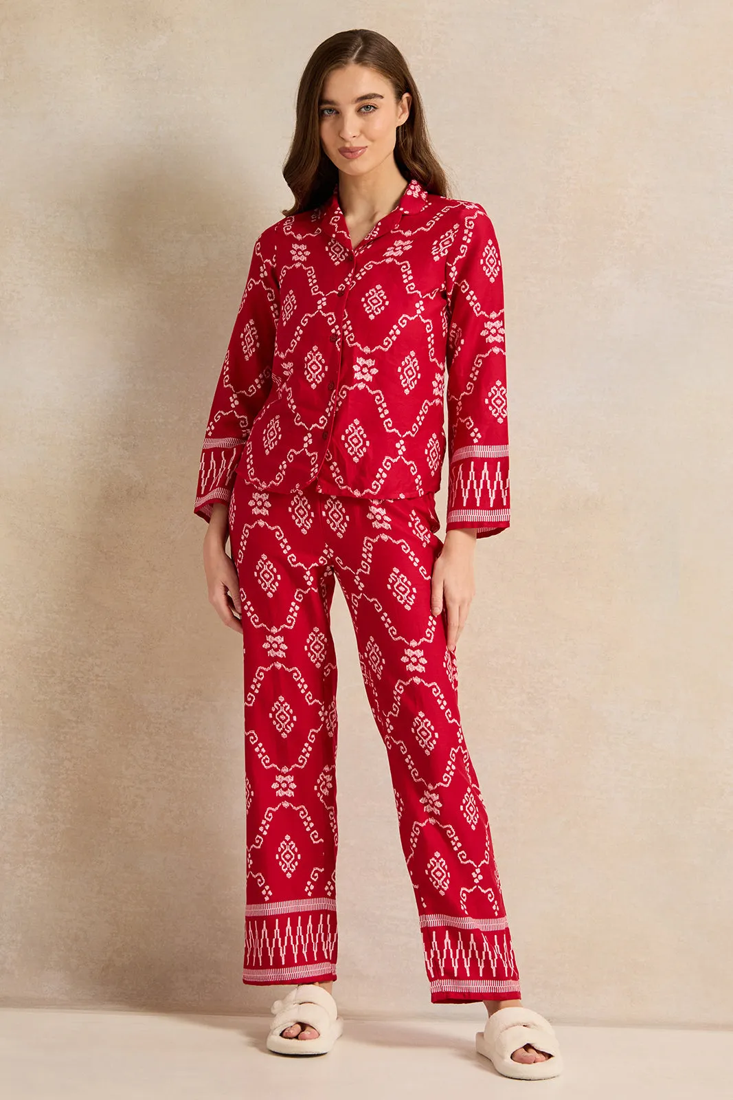 Women Red Aztec Dual Printed Collared Pyjama Set (2 Piece) sold by Redtag