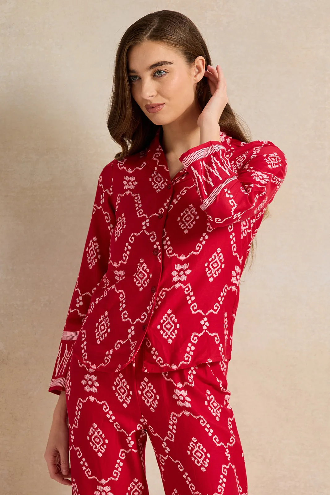 Women Red Aztec Dual Printed Collared Pyjama Set (2 Piece) sold by Redtag product image thumbnail 2