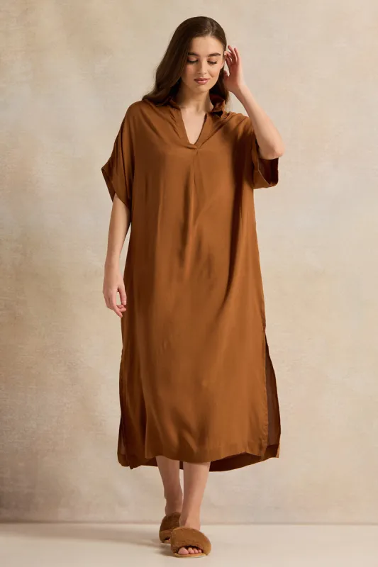 Women Brown Plain Kaftan Sleeves Nightgown sold by Redtag