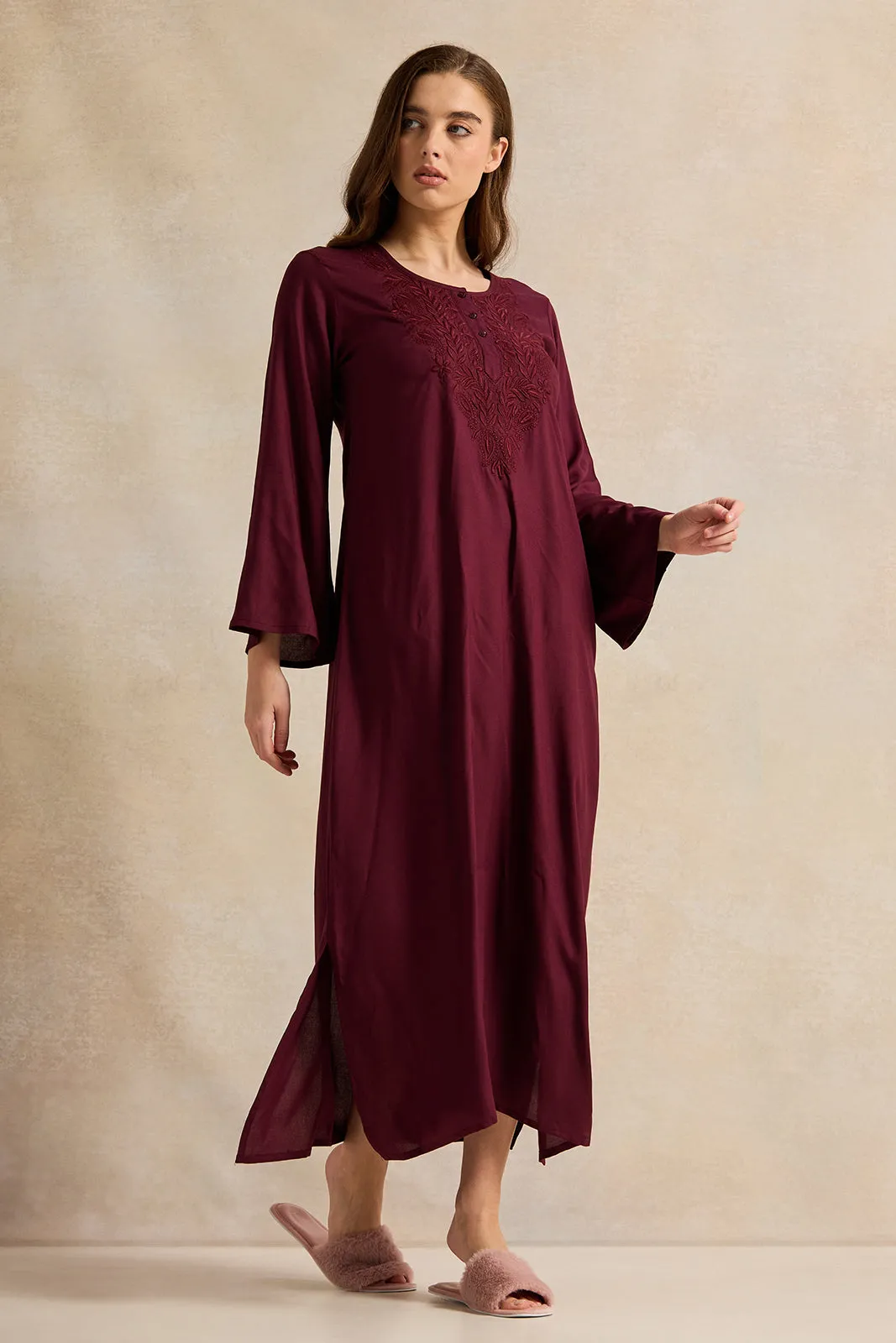Women Maroon With Neck Embroidery Full Sleeve Nightgown sold by Redtag product image thumbnail 4