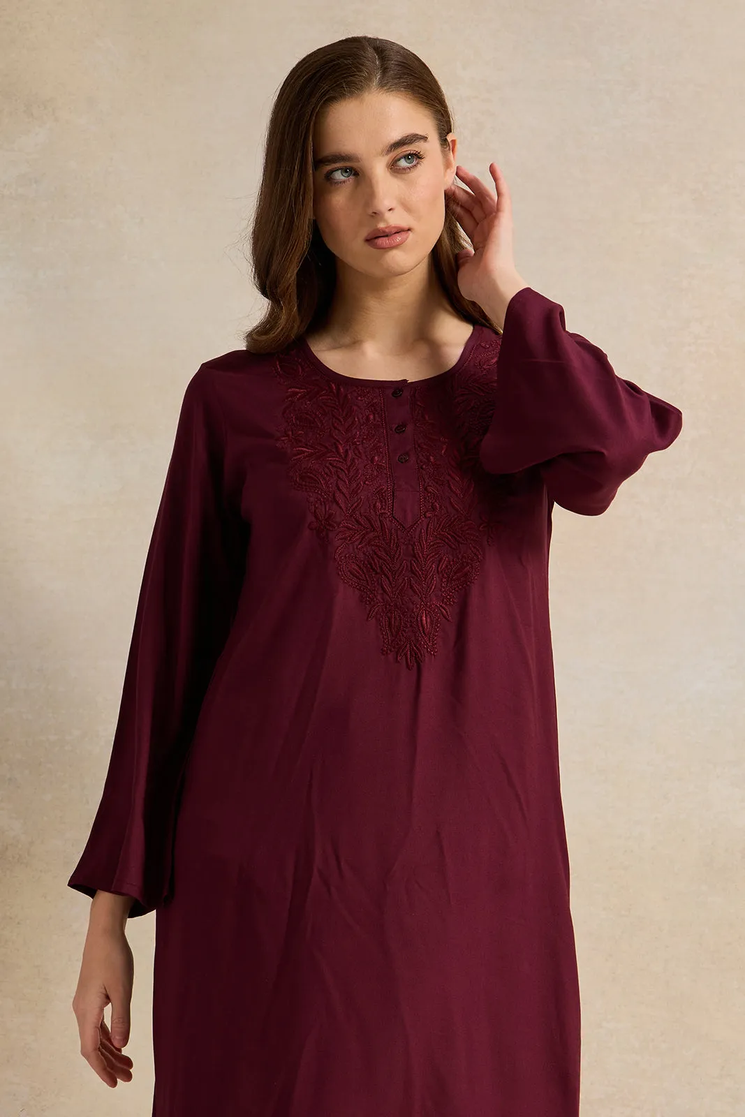 Women Maroon With Neck Embroidery Full Sleeve Nightgown sold by Redtag product image thumbnail 2