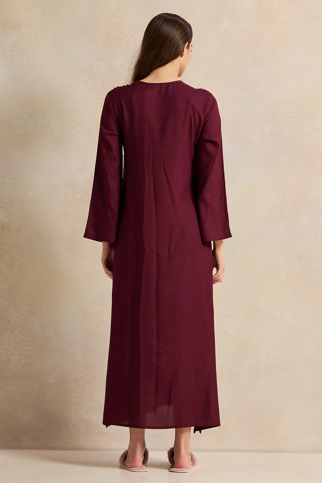 Women Maroon With Neck Embroidery Full Sleeve Nightgown sold by Redtag product image thumbnail 3