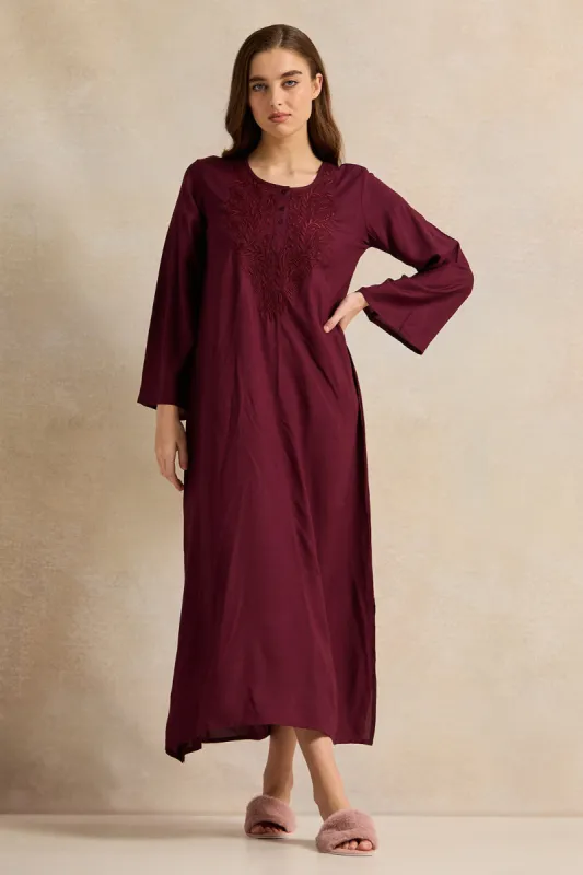 Women Maroon With Neck Embroidery Full Sleeve Nightgown sold by Redtag
