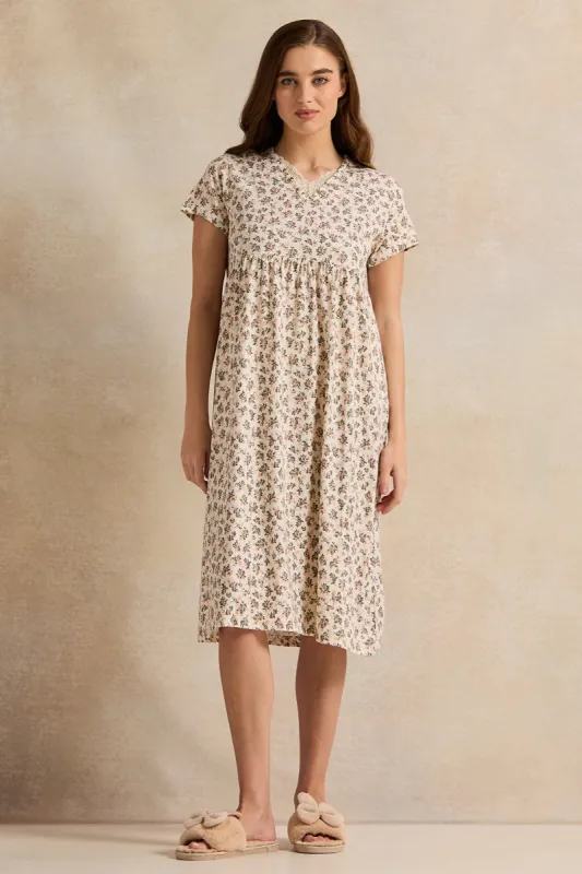Women Brown Blossom Printed Knitted Nightgown sold by Redtag