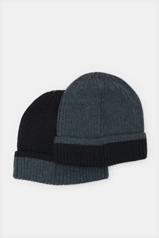 Men Grey And Black Plain Knitted Cap Set (2 Piece) sold by Redtag