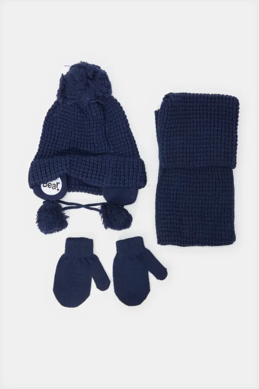 Boys Black Plain Knitted Cap Set (3 Piece) sold by Redtag