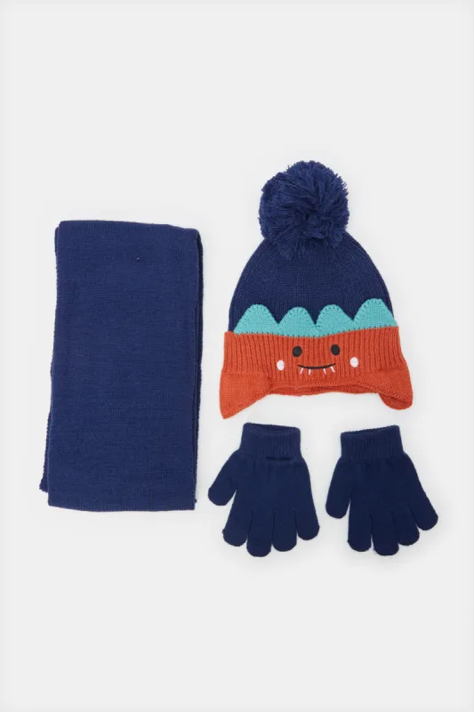 Boys Navy Embellished Knitted Cap Set (3 Piece) sold by Redtag