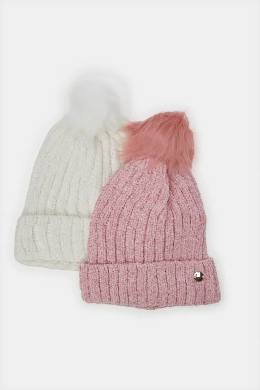Women Pink And White Embellished Knitted Cap Set (Pack of 2) sold by Redtag