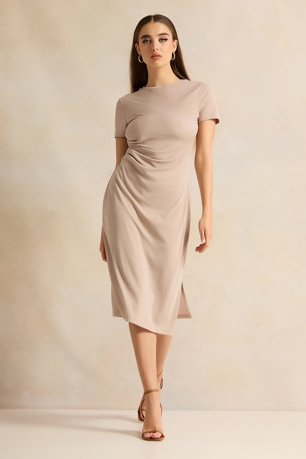 Women Beige Short Sleeve Dress sold by Redtag