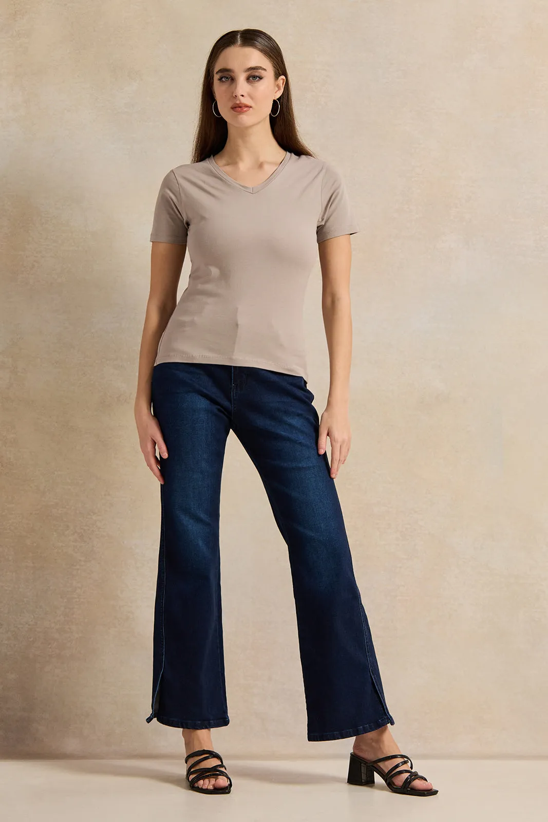 Women Beige Basic V-Neck T-Shirt sold by Redtag product image thumbnail 2