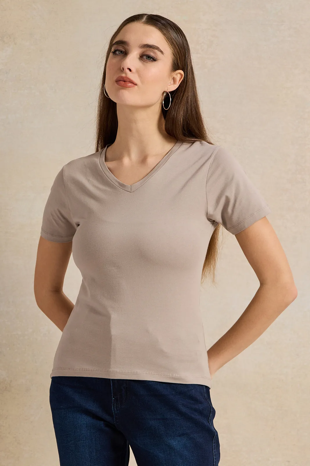 Women Beige Basic V-Neck T-Shirt sold by Redtag