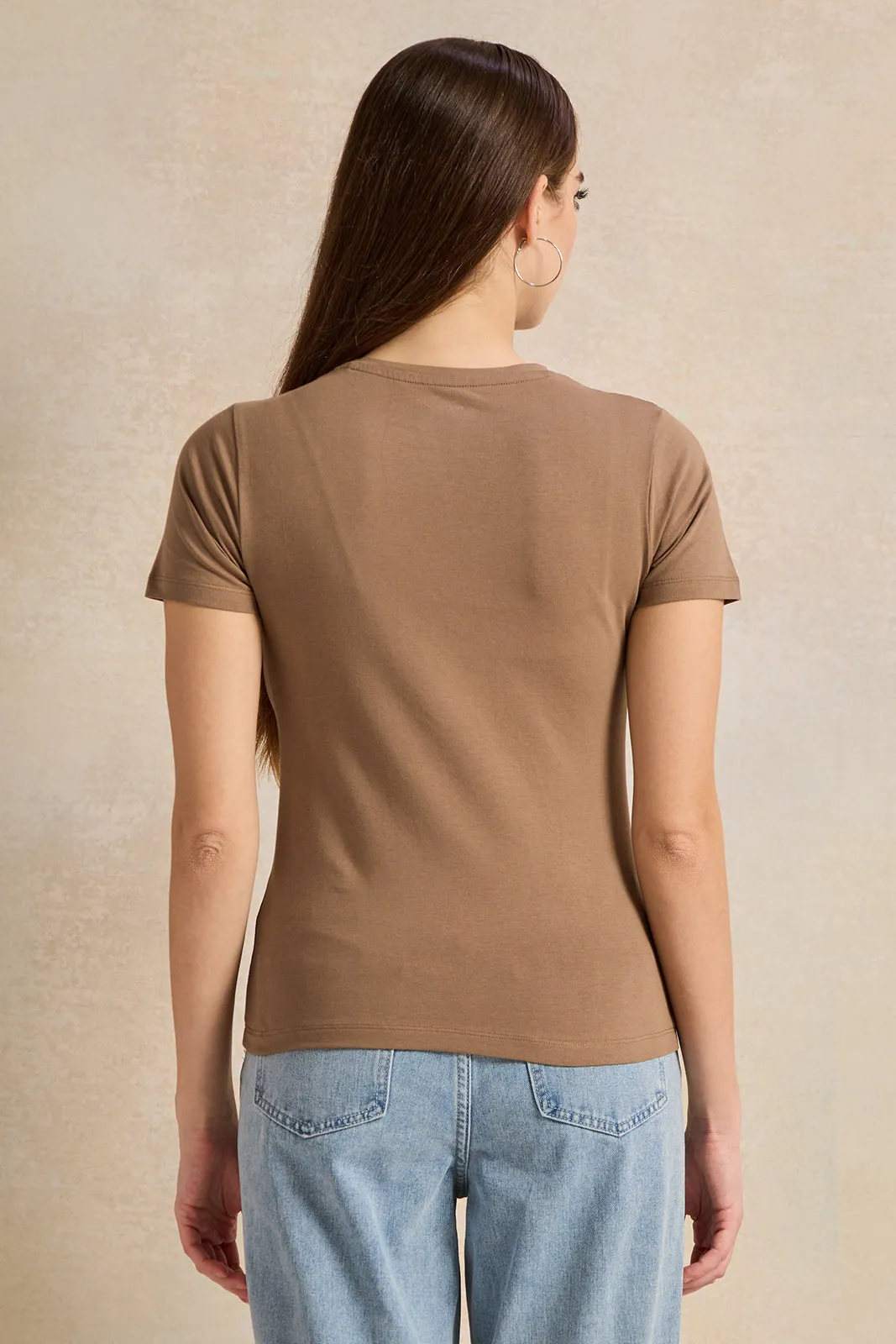 Women Brown Basic Crew Neck T-Shirt sold by Redtag product image thumbnail 3