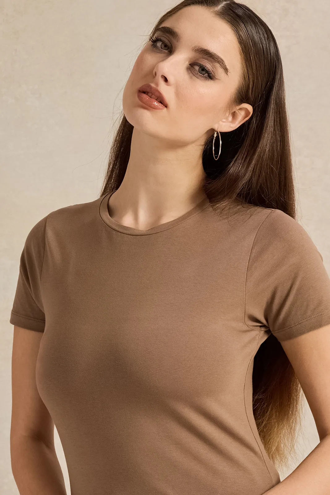 Women Brown Basic Crew Neck T-Shirt sold by Redtag product image thumbnail 4