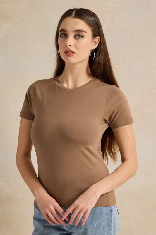 Women Brown Basic Crew Neck T-Shirt sold by Redtag