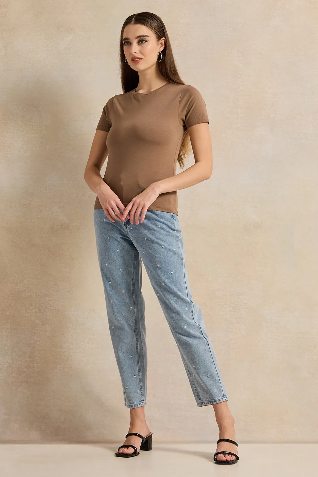 Women Brown Basic Crew Neck T-Shirt sold by Redtag product image thumbnail 2