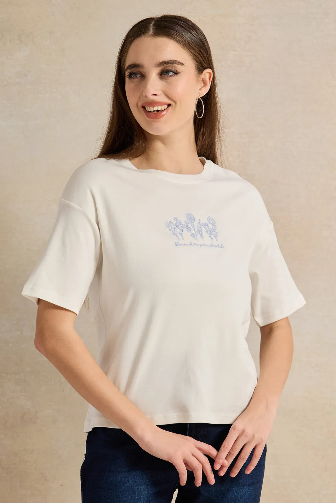Women White Embroidered T-Shirt sold by Redtag