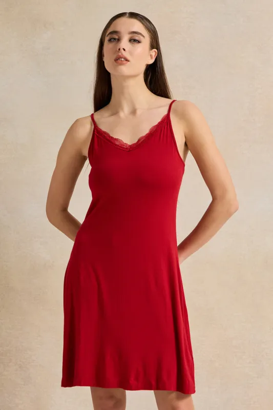 Women Red Basic Chemise With Lace sold by Redtag