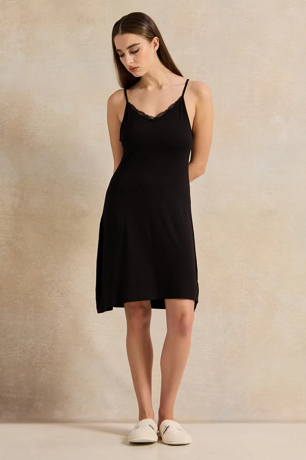 Women Black Basic Chemise With Lace sold by Redtag product image thumbnail 2