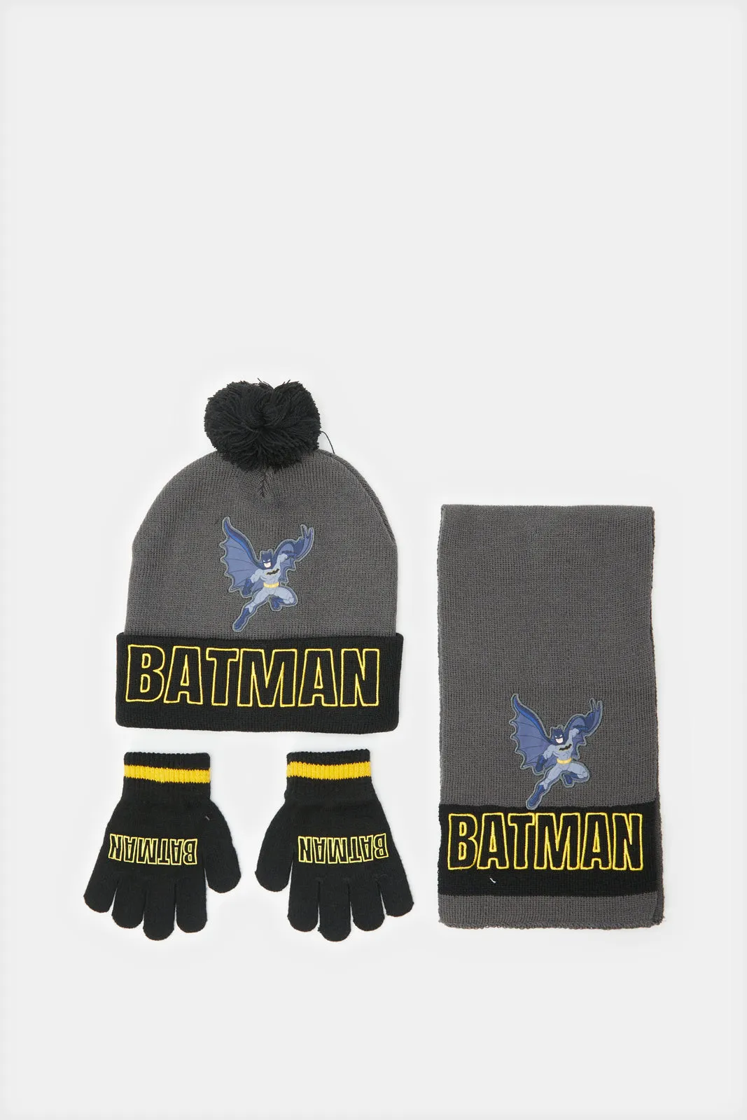 Boys Grey Batman Knitted Knitted Cap Set (3 Piece) sold by Redtag