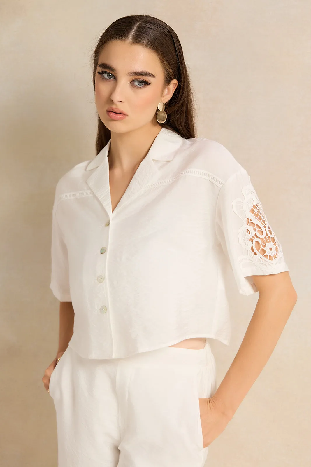 Women Ivory Embellished Cropped Shirt Blouse sold by Redtag