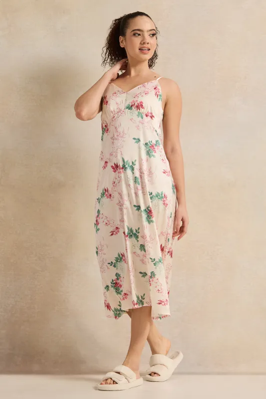 Women Pink Printed Satin Long  Chemise sold by Redtag