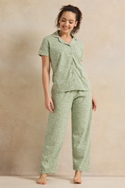 Women Green Collared Pyjama Set (2 Piece) sold by Redtag