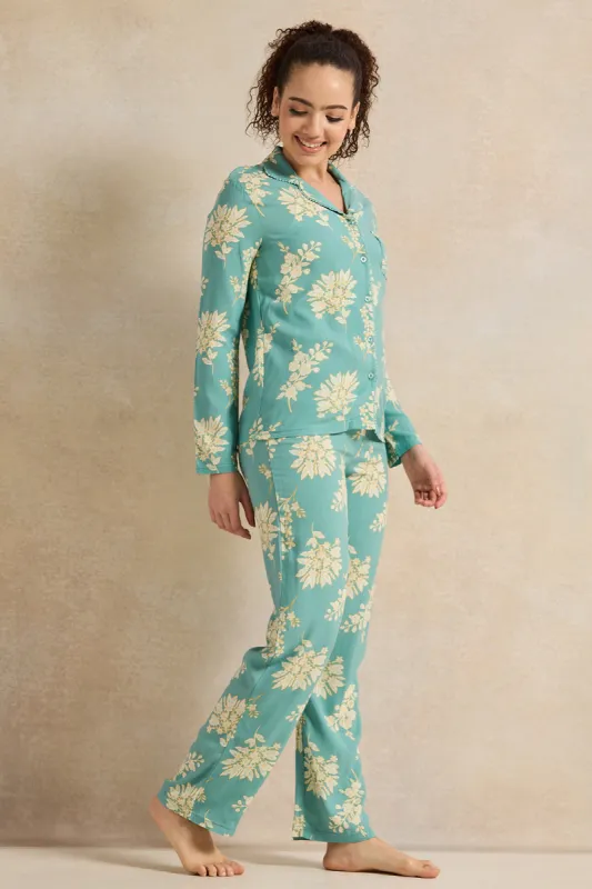 Women Green And Yellow Floral Print Pyjama Set (2 Piece) sold by Redtag