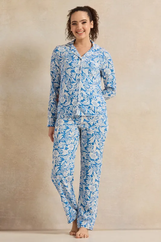 Women Blue Leafy Print Pyjama Set (2 Piece) sold by Redtag