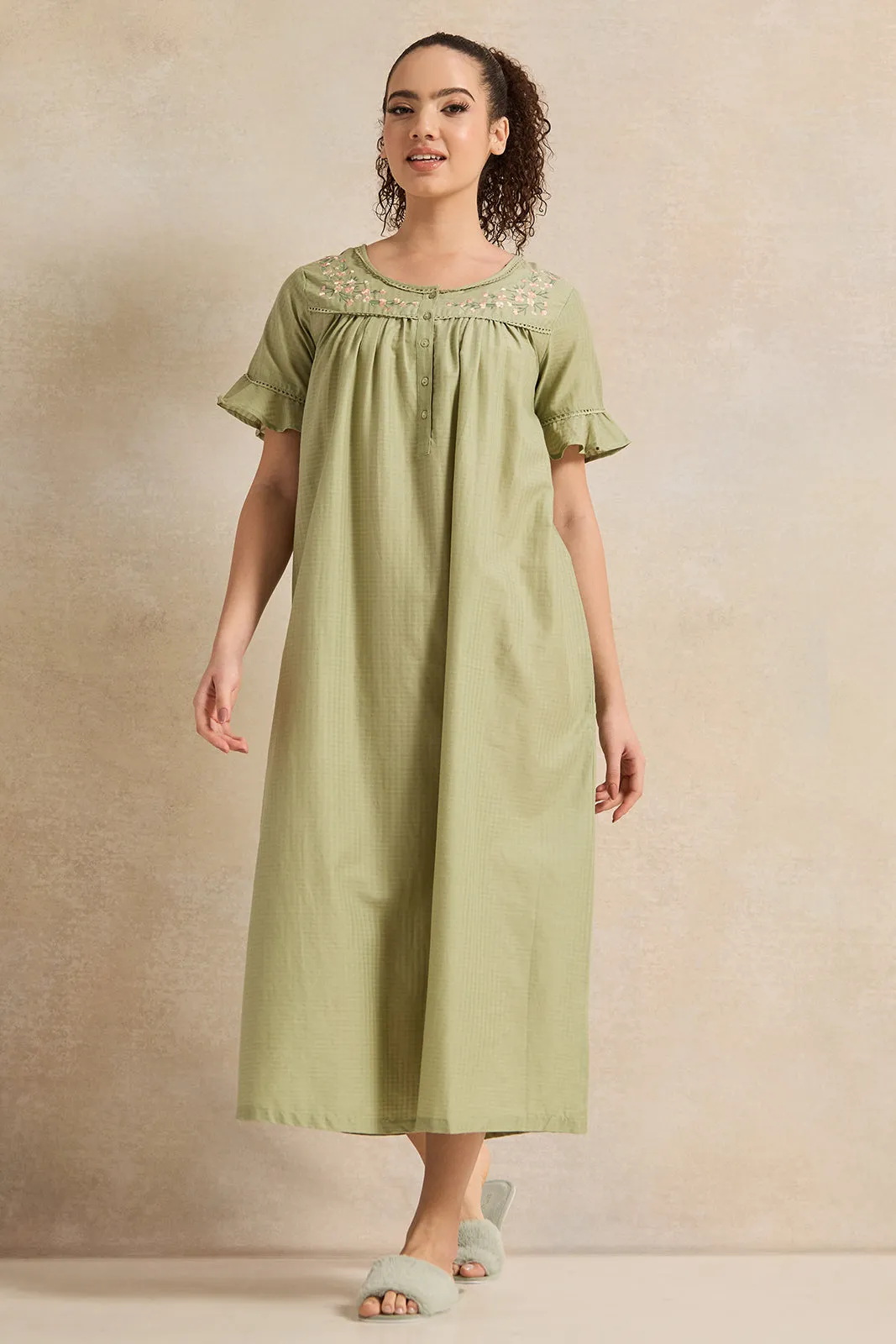 Women Olive With Neck Detail Nightgown sold by Redtag