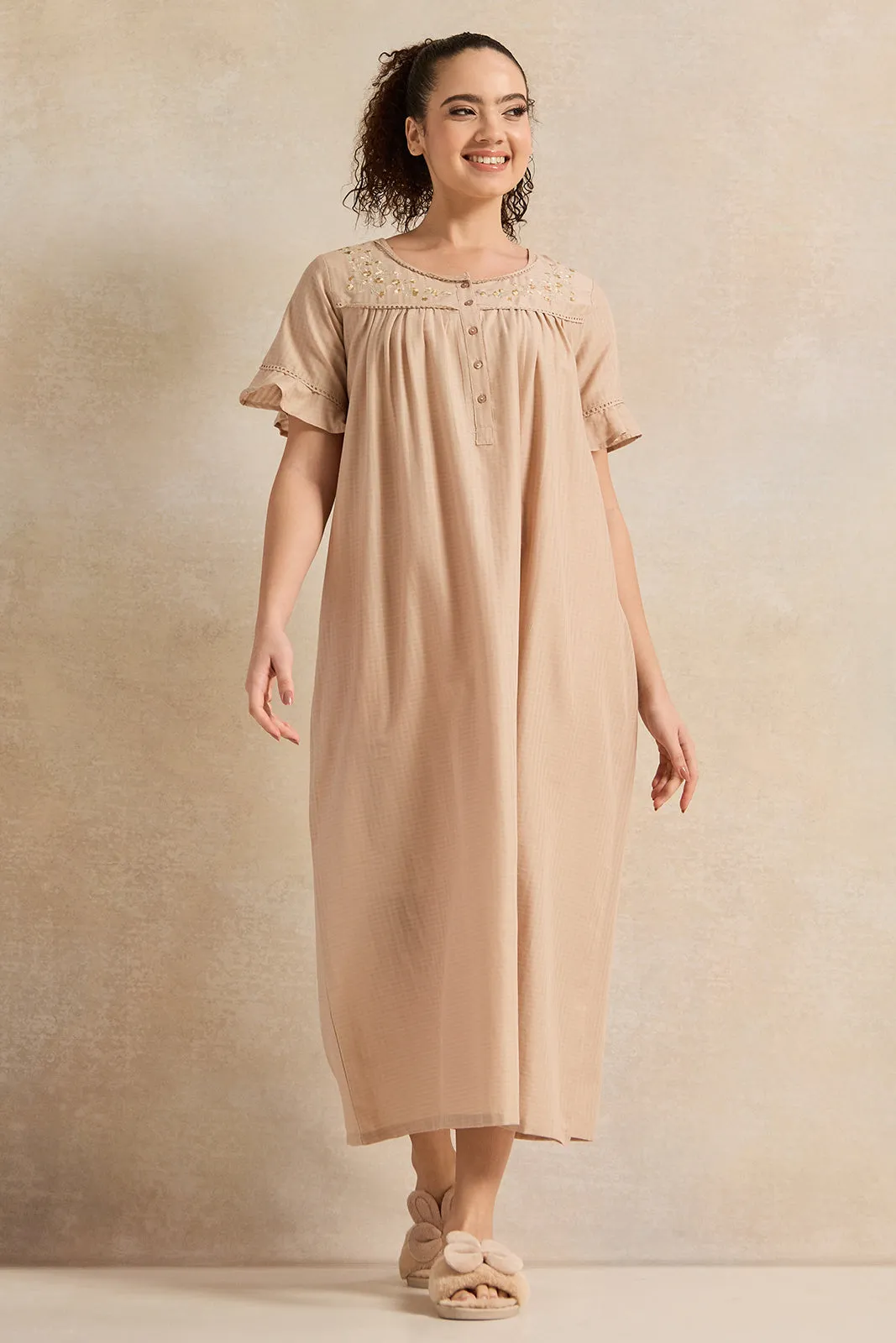Women Beige With Neck Detail Nightgown sold by Redtag