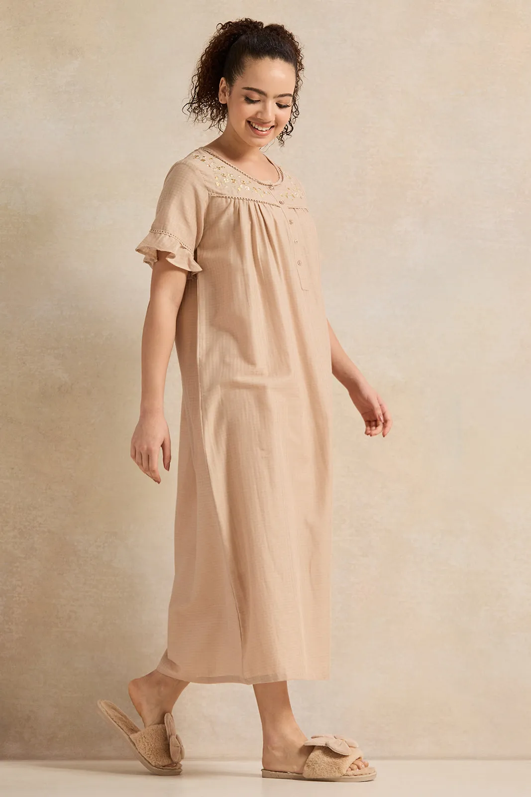 Women Beige With Neck Detail Nightgown sold by Redtag product image thumbnail 4