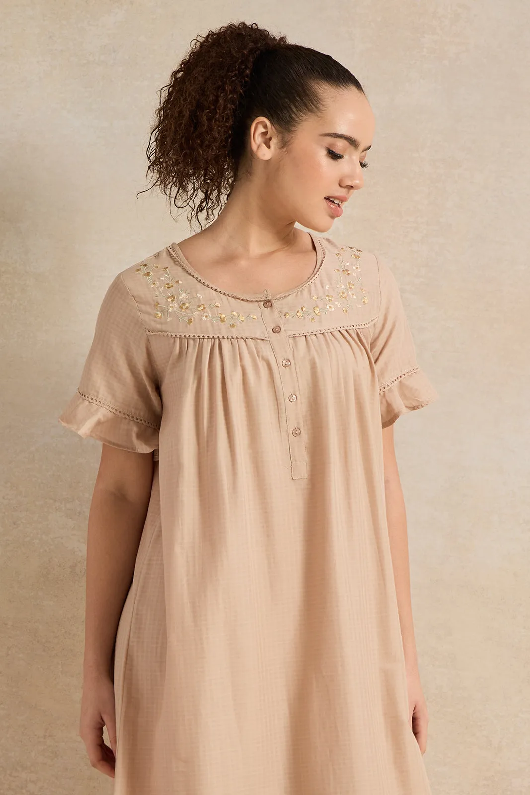 Women Beige With Neck Detail Nightgown sold by Redtag product image thumbnail 2