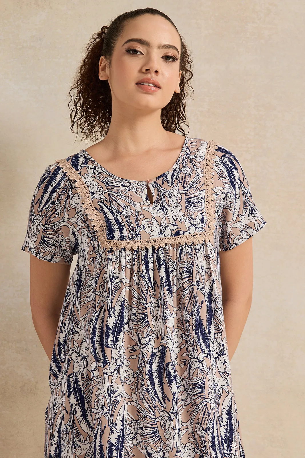 Women Brown And Blue Palm Print Nightgown sold by Redtag product image thumbnail 2