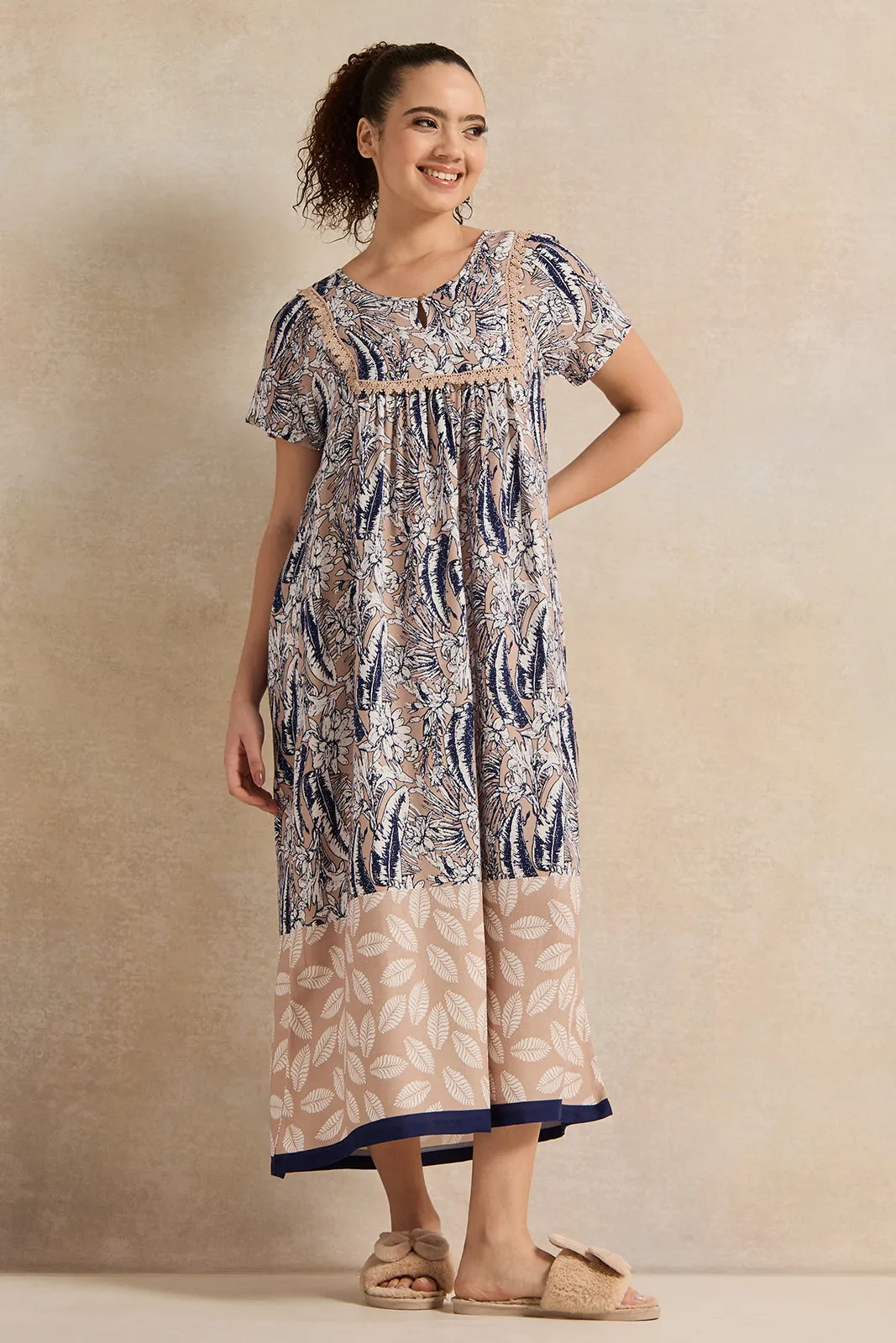 Women Brown And Blue Palm Print Nightgown sold by Redtag