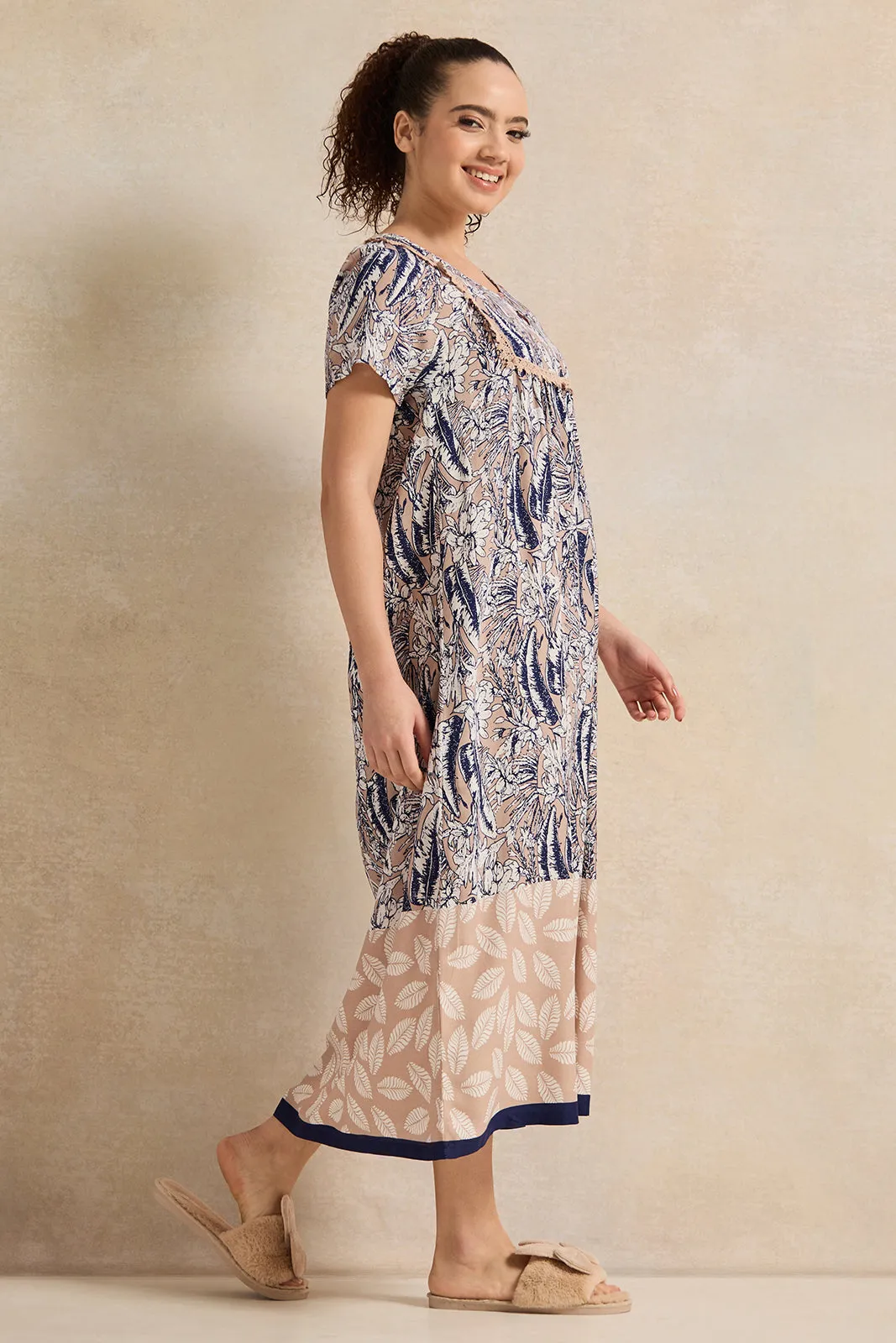 Women Brown And Blue Palm Print Nightgown sold by Redtag product image thumbnail 4