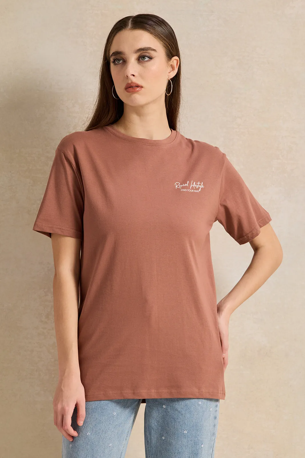 Women Taupe Oversize Printed T-Shirt sold by Redtag