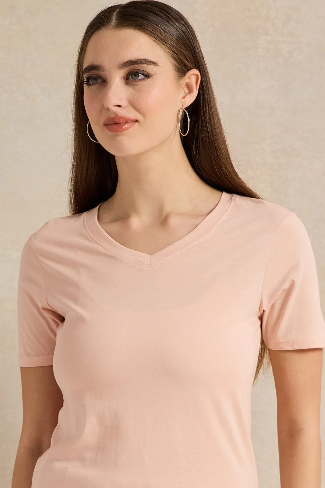 Women Pink Basic V-Neck T-Shirt sold by Redtag product image thumbnail 4