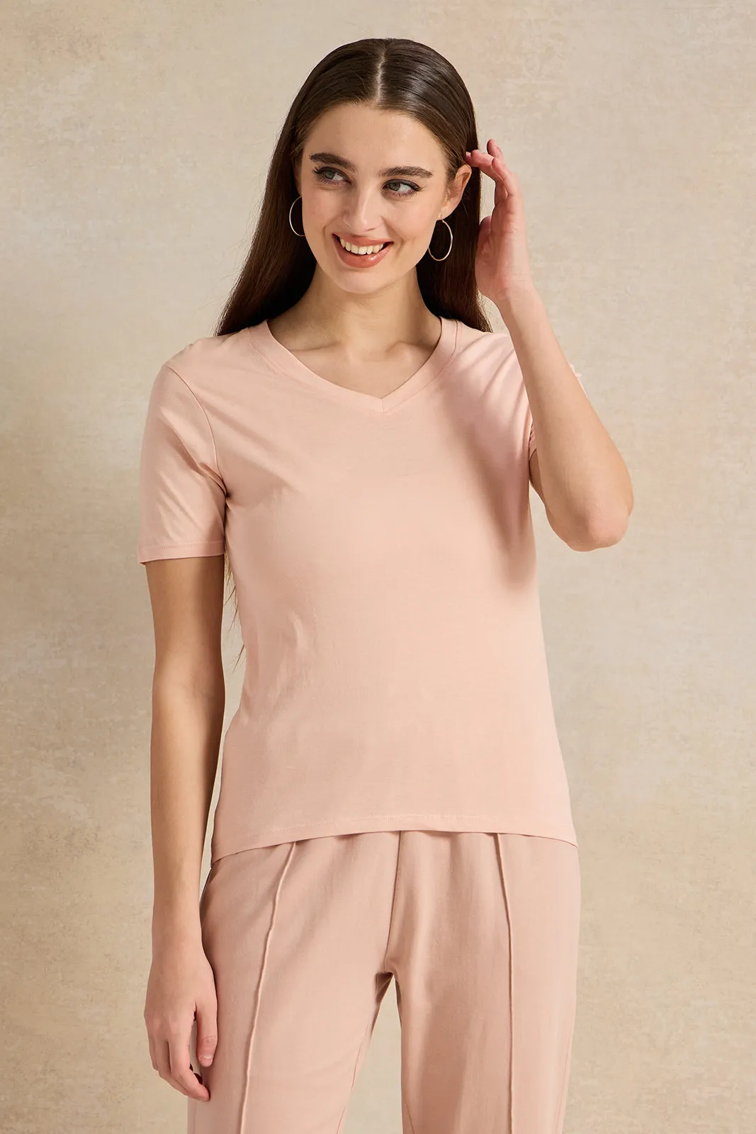 Women Pink Basic V-Neck T-Shirt sold by Redtag