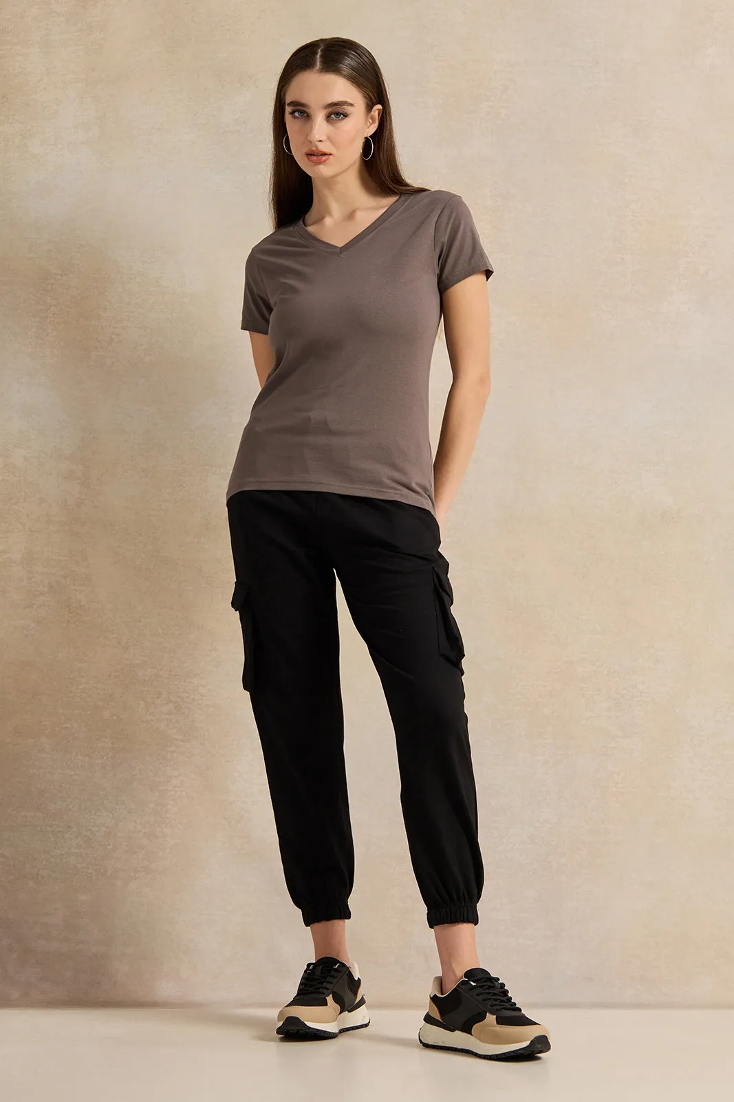 Women Charcoal Basic V-Neck T-Shirt sold by Redtag product image thumbnail 2