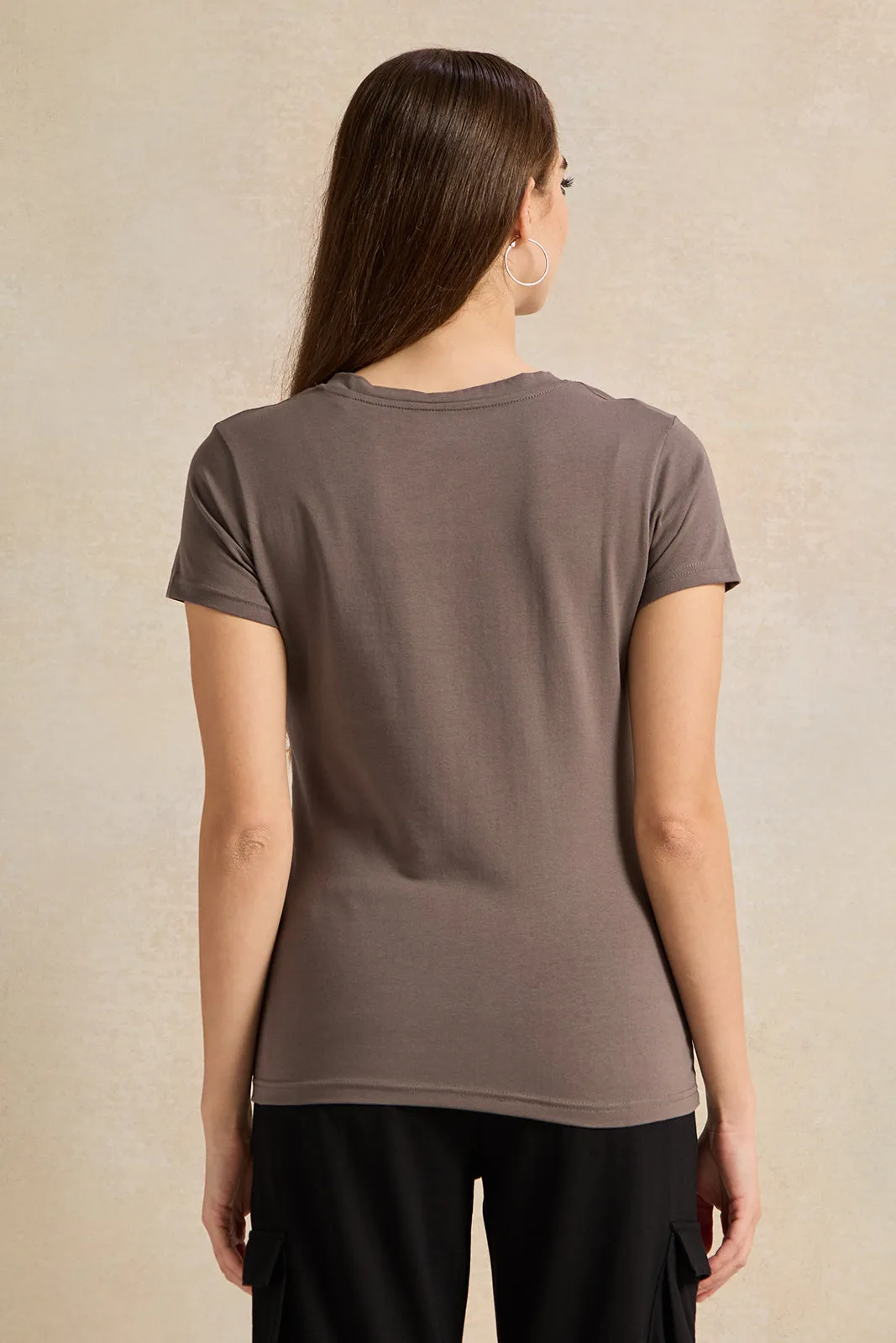Women Charcoal Basic V-Neck T-Shirt sold by Redtag product image thumbnail 3