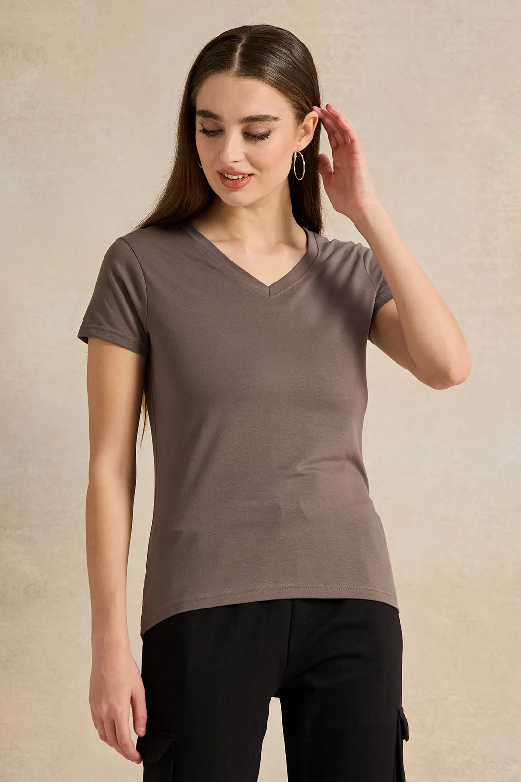 Women Charcoal Basic V-Neck T-Shirt sold by Redtag