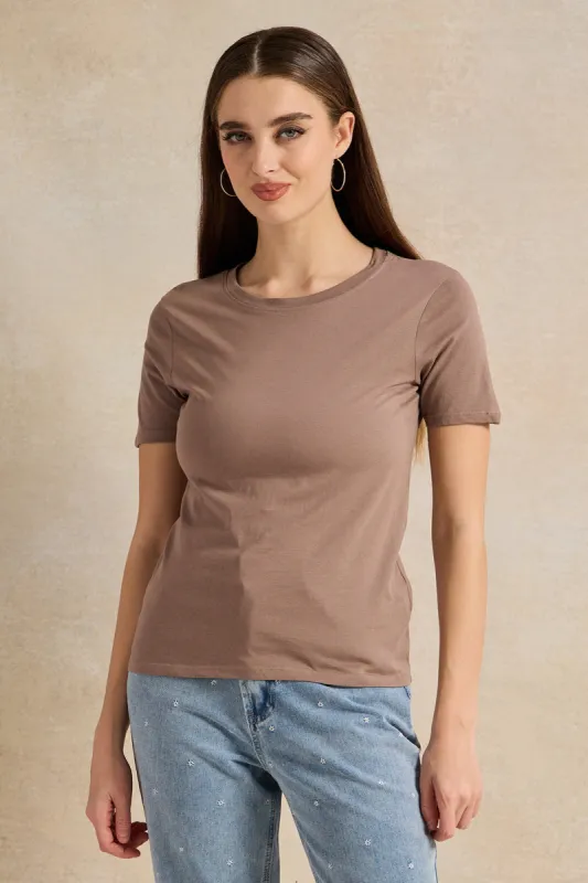 Women Brown Basic Crew Neck T-Shirt sold by Redtag
