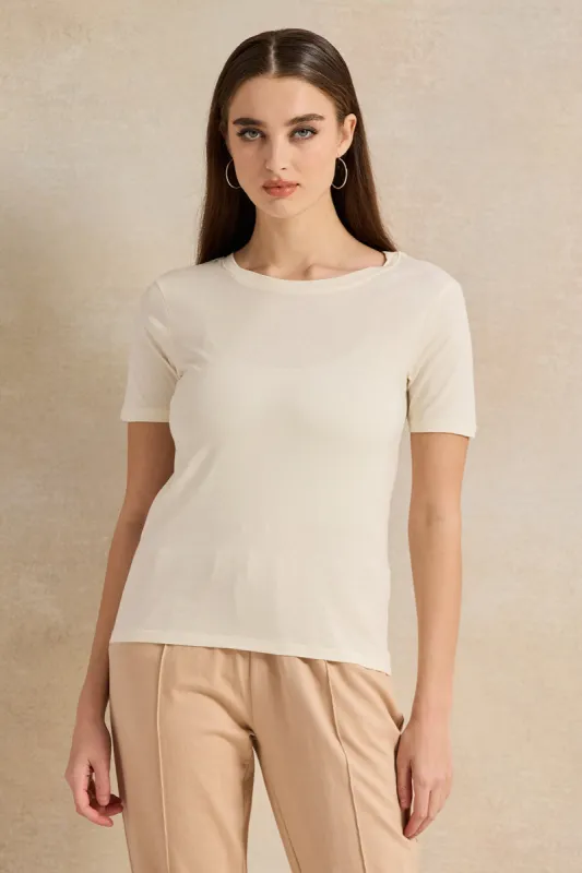 Women Cream Basic Crew Neck T-Shirt sold by Redtag