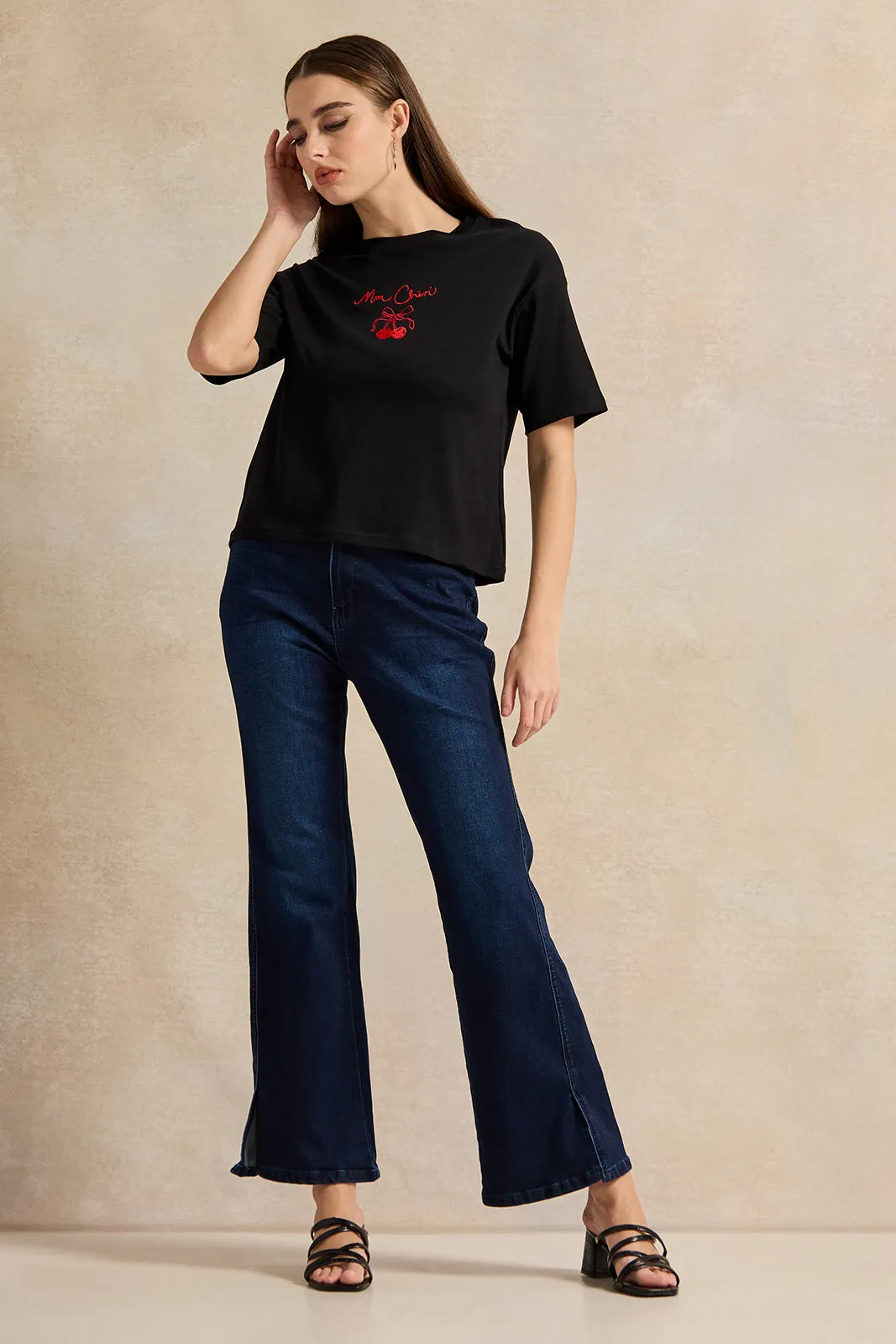 Women Black Embroidered T-Shirt sold by Redtag product image thumbnail 2