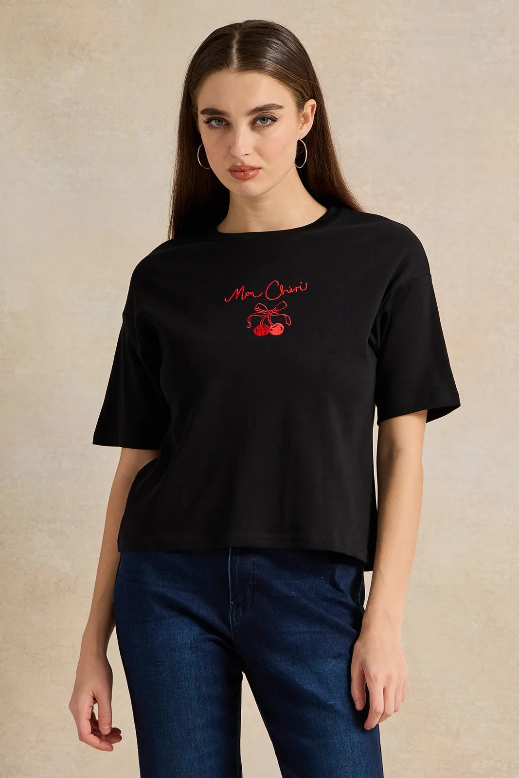 Women Black Embroidered T-Shirt sold by Redtag
