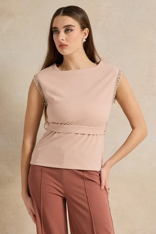 Women Pink Embellished Belted Top sold by Redtag