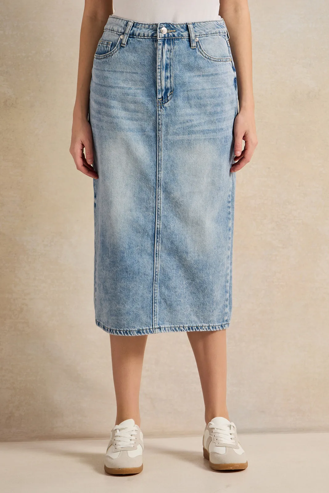 Women Blue Back Slit Detailed Belted Denim Skirt sold by Redtag