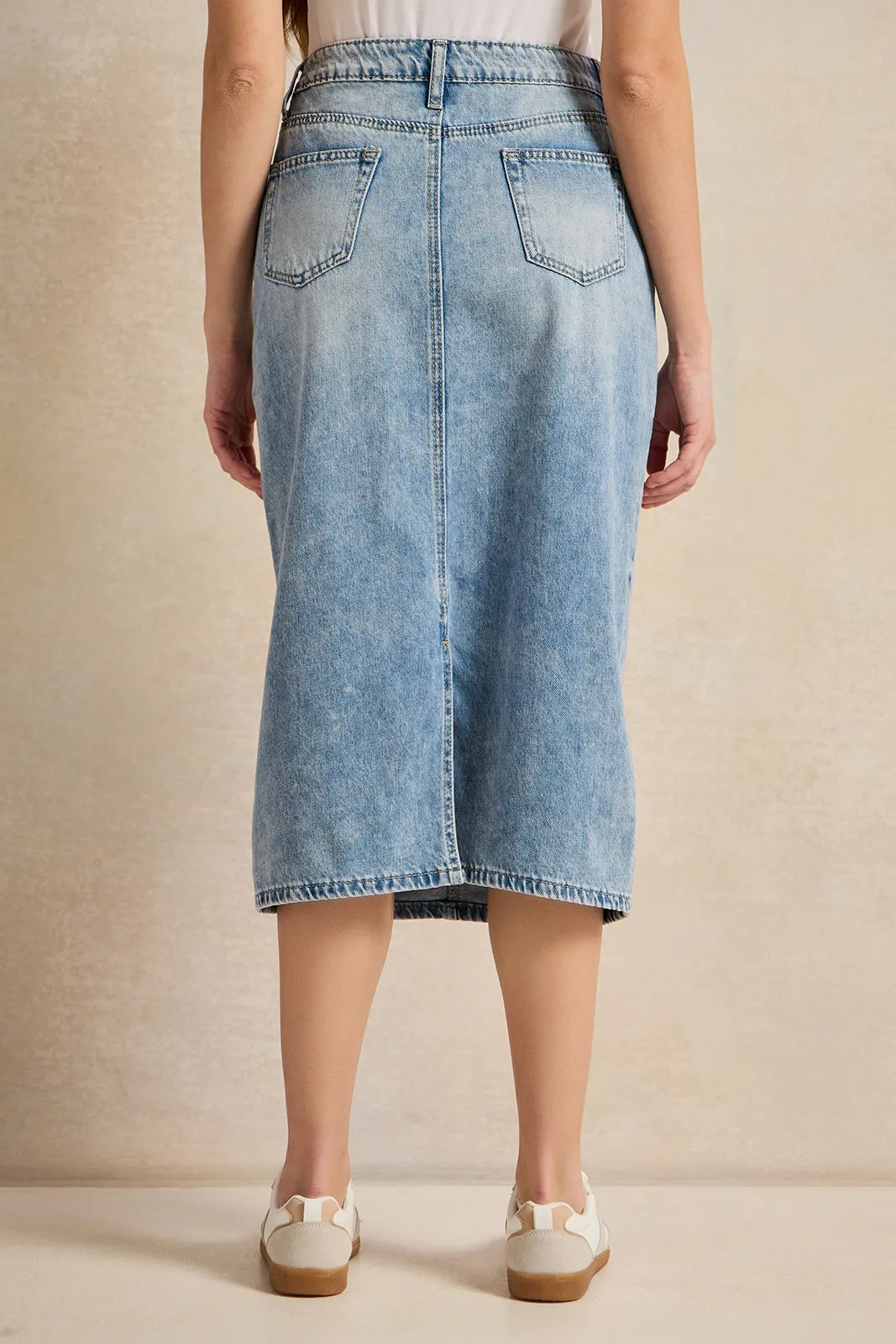 Women Blue Back Slit Detailed Belted Denim Skirt sold by Redtag product image thumbnail 3