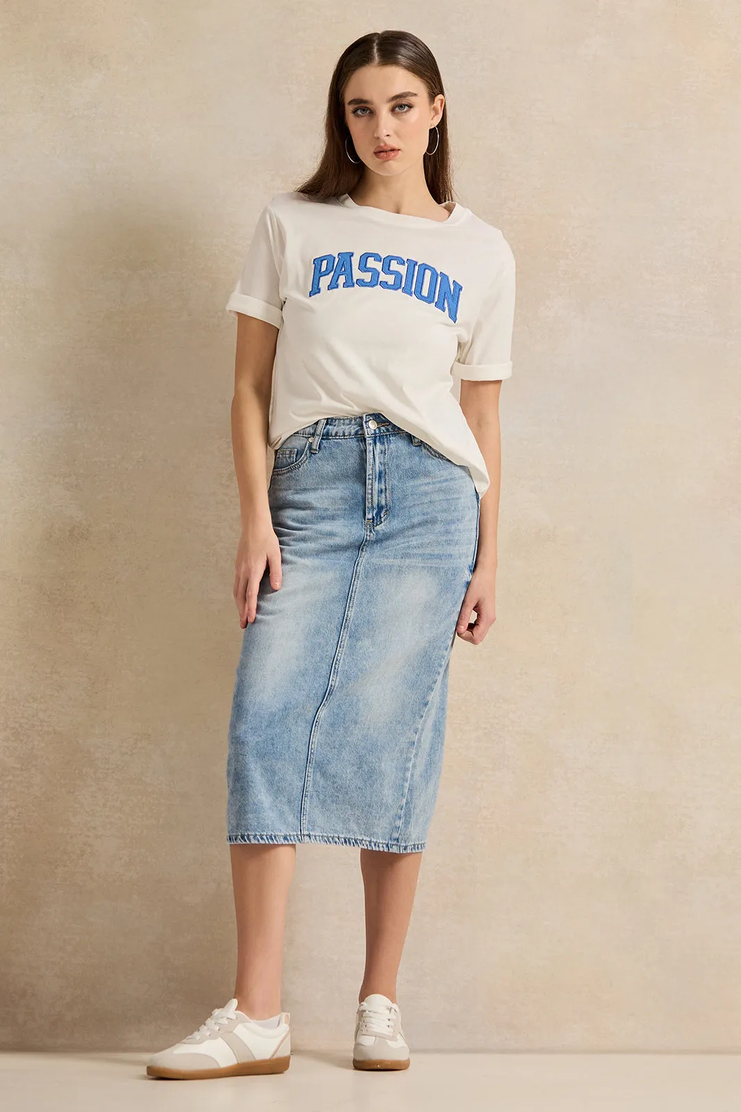 Women Blue Back Slit Detailed Belted Denim Skirt sold by Redtag product image thumbnail 2