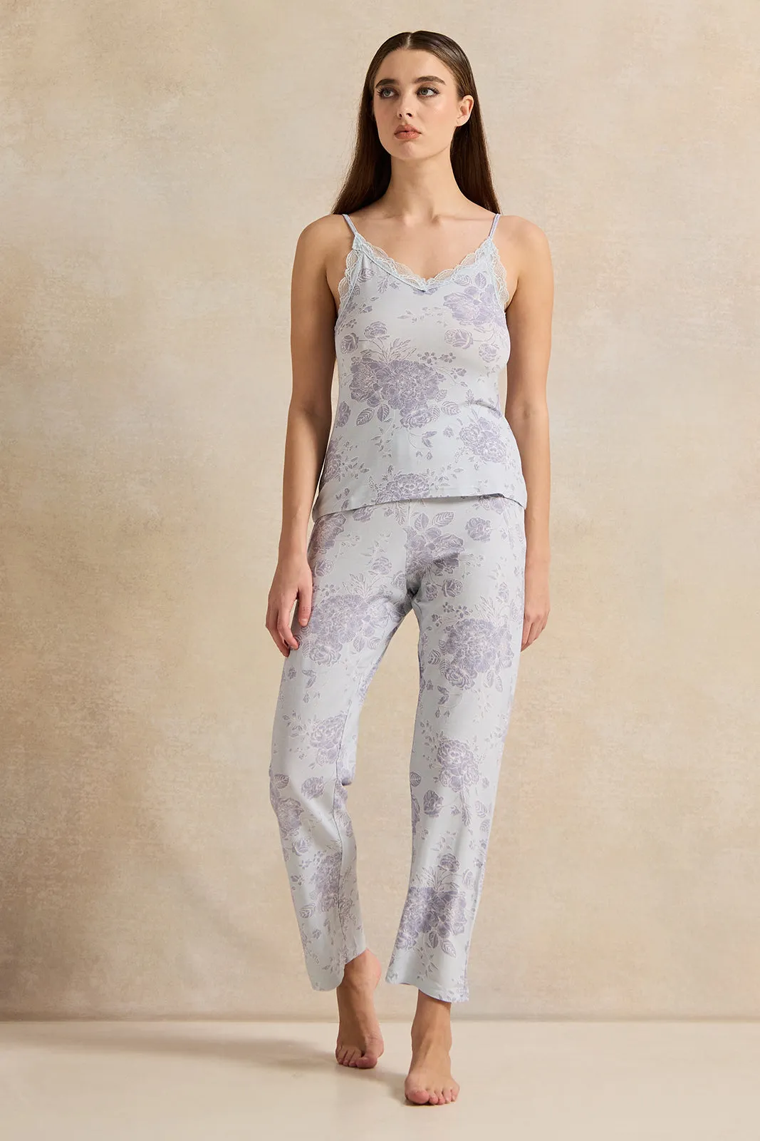 Women Blue Printed Cami Set With Lace (2 Piece) sold by Redtag